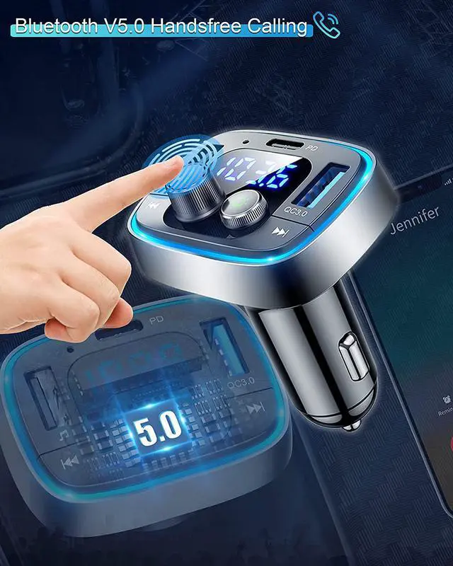 Alt view image 3 of 7 - Bluetooth Adapter for Car Wireless FM Radio Transmitter Handsfree Calling & Audio Receiver MP3 Music Player QC3.0 & Type-C PD USB Car Charger 7 Colors LED Backlit