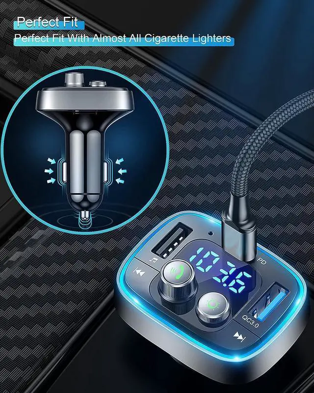 Alt view image 5 of 7 - Bluetooth Adapter for Car Wireless FM Radio Transmitter Handsfree Calling & Audio Receiver MP3 Music Player QC3.0 & Type-C PD USB Car Charger 7 Colors LED Backlit