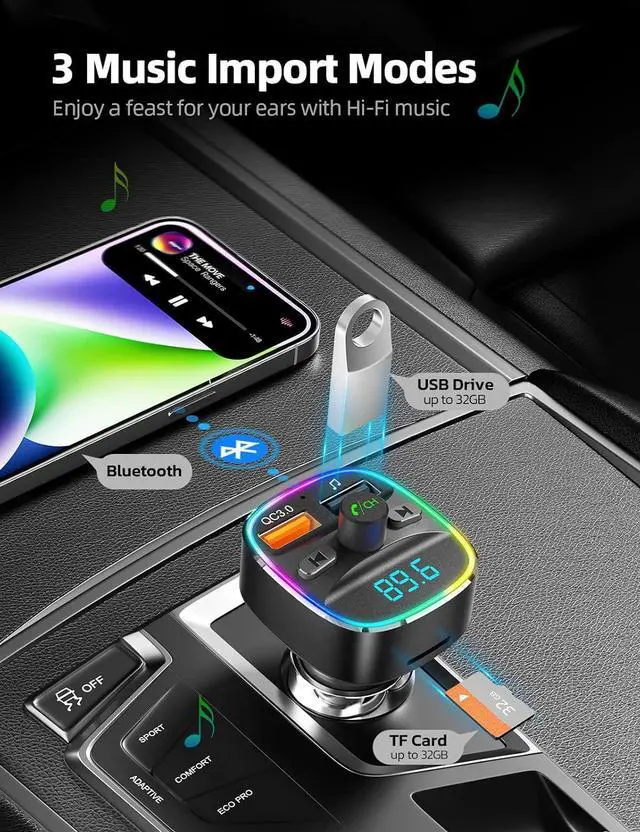 Alt view image 4 of 7 - Nulaxy Bluetooth FM Transmitter, Bluetooth Car Adapter with Dual USB Charger Wireless Radio Car Kit MP3 Player Support TF Card & USB Disk, Hands-Free Calling, 7 Colors Led Backlit Light, Black