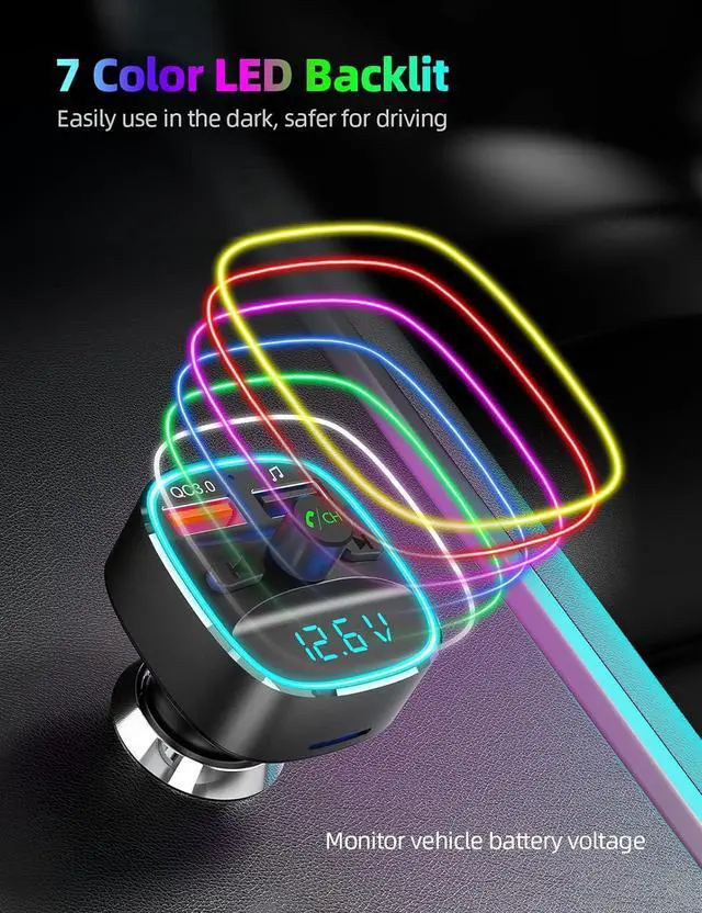 Alt view image 5 of 7 - Nulaxy Bluetooth FM Transmitter, Bluetooth Car Adapter with Dual USB Charger Wireless Radio Car Kit MP3 Player Support TF Card & USB Disk, Hands-Free Calling, 7 Colors Led Backlit Light, Black