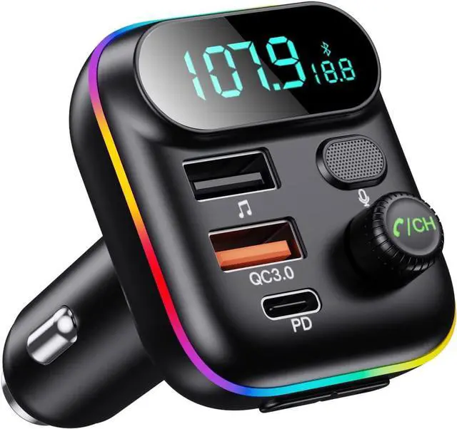 Main image of Bluetooth Adapter for Car, Wireless FM Radio Transmitter, Wireless Bluetooth 5.0, MP3 Music Player, QC3.0 + PD 20W USB Car Charger, 7 Colors LED Backlit