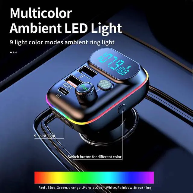 Alt view image 2 of 7 - Bluetooth Adapter for Car, Wireless FM Radio Transmitter, Wireless Bluetooth 5.0, MP3 Music Player, QC3.0 + PD 20W USB Car Charger, 7 Colors LED Backlit