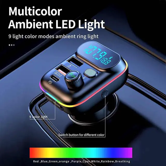 Alt view image 7 of 7 - Bluetooth Adapter for Car, Wireless FM Radio Transmitter, Wireless Bluetooth 5.0, MP3 Music Player, QC3.0 + PD 20W USB Car Charger, 7 Colors LED Backlit