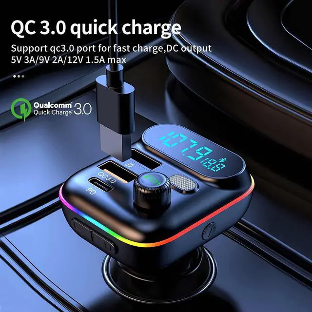 Alt view image 5 of 7 - Bluetooth Adapter for Car, Wireless FM Radio Transmitter, Wireless Bluetooth 5.0, MP3 Music Player, QC3.0 + PD 20W USB Car Charger, 7 Colors LED Backlit
