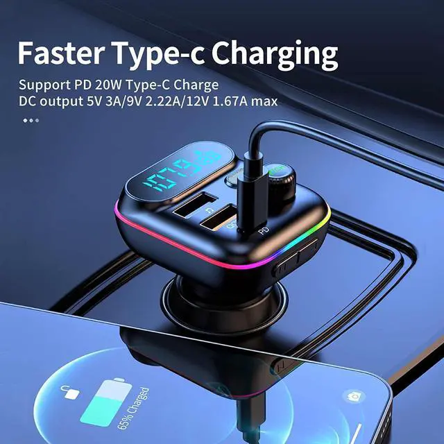 Alt view image 4 of 7 - Bluetooth Adapter for Car, Wireless FM Radio Transmitter, Wireless Bluetooth 5.0, MP3 Music Player, QC3.0 + PD 20W USB Car Charger, 7 Colors LED Backlit