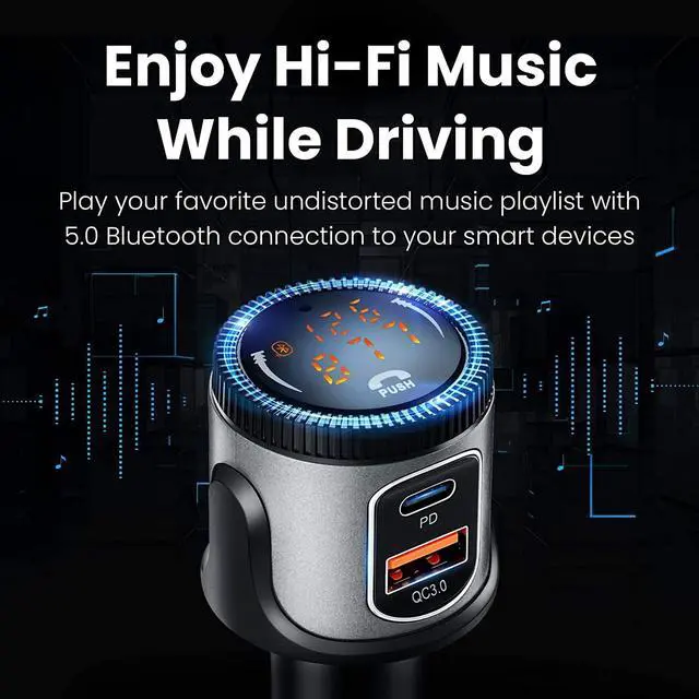 Alt view image 5 of 6 - Bluetooth 5.1 FM Transmitter, Wireless Bluetooth Car Adapter with 36W QC 3.0 + PD 3.0 USB C Fast Charger, Car Radio Transmitter, Support Hands-Free Phone Call Siri Voice Assistant
