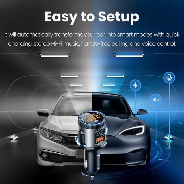 Alt view image 2 of 6 - Bluetooth 5.1 FM Transmitter, Wireless Bluetooth Car Adapter with 36W QC 3.0 + PD 3.0 USB C Fast Charger, Car Radio Transmitter, Support Hands-Free Phone Call Siri Voice Assistant