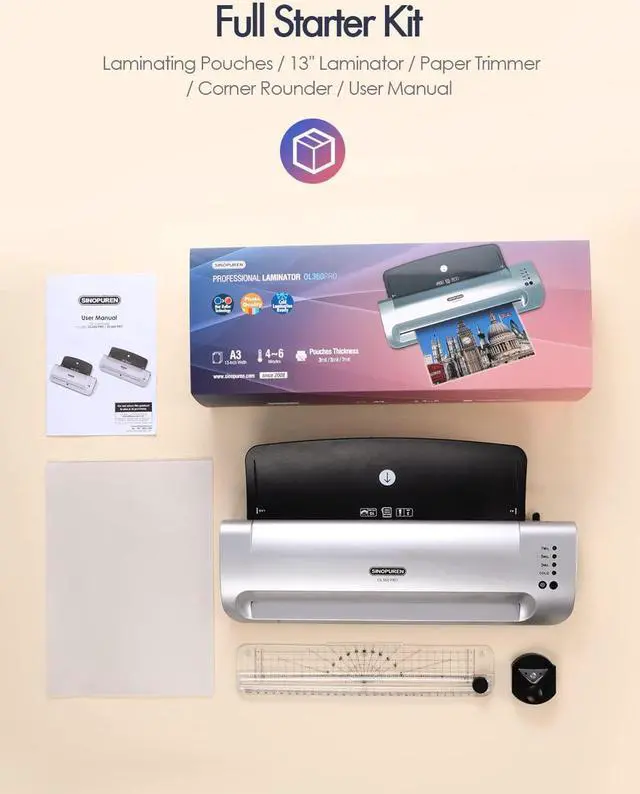 Alt view image 7 of 7 - Laminator Machine, SINOPUREN 13-inch Thermal Laminator, with Paper Trimmer, Corner Rounder, 10 Pouches Sheets, Quick Warm-Up, Cold and Hot Laminating for Home/School/Office