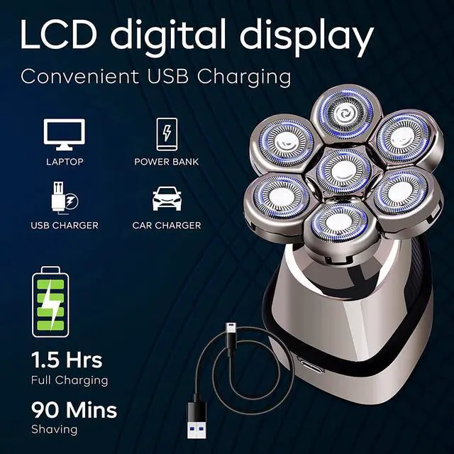 Alt view image 5 of 6 - AW Robot 7D Head Shavers for Bald Men, Anti-Pinch Electric Razor for Men, 5-in-1 Mens Grooming Kit with Nose Hair Trimmer, Beard Trimmer for Men, Waterproof and Rechargeable Electric Shavers for Men