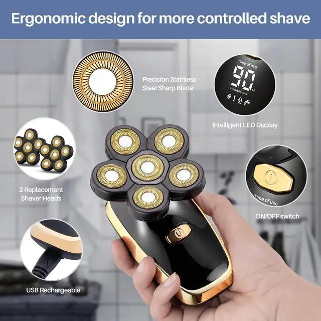 Alt view image 2 of 7 - Head Shavers for Bald Men Rotary Electric Razor Cordless Shaver for Men Multifunctional Electric Razors for Bald Men Waterproof Mens Head Razor Rechargeable Razors for Bald Man