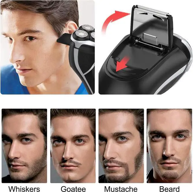 Alt view image 4 of 7 - Men's Electric Shaver - MAX-T Corded and Cordless Rechargeable 3D Rotary Shaver Razor for Men with Pop-up Sideburn Trimmer Wet and Dry with Wall Adapter 100-240V