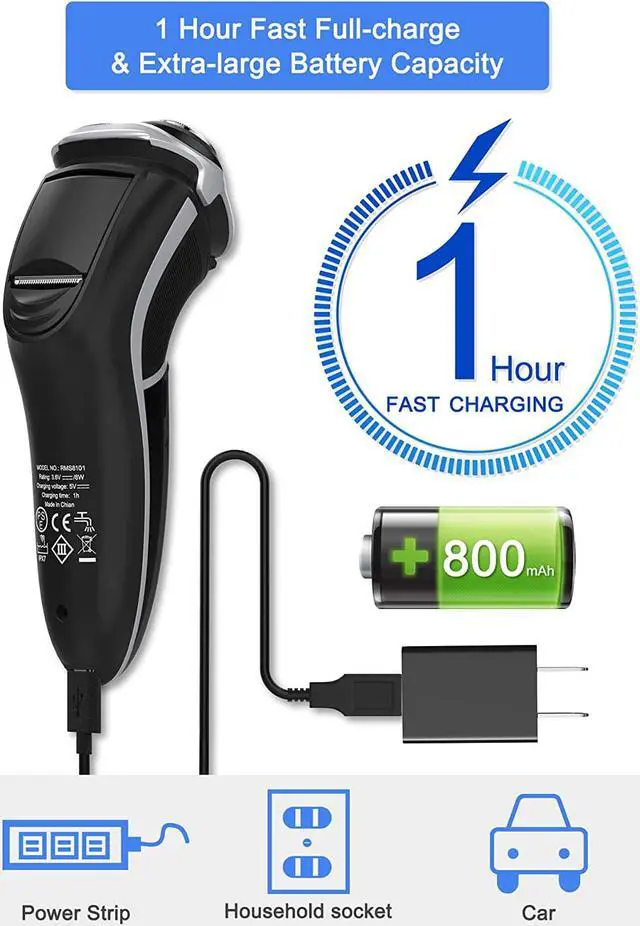 Alt view image 6 of 7 - Men's Electric Shaver - MAX-T Corded and Cordless Rechargeable 3D Rotary Shaver Razor for Men with Pop-up Sideburn Trimmer Wet and Dry with Wall Adapter 100-240V