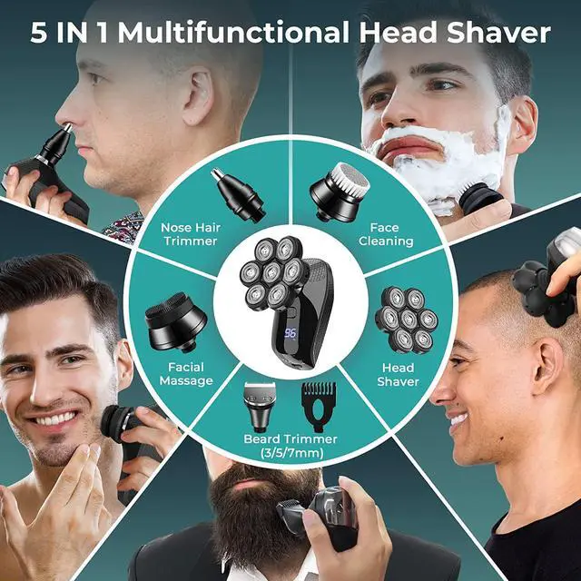 Alt view image 2 of 6 - kensen 7D Head Shaver, 5 in 1 Bald Head Shavers for Men, Head Electric Razor with Nose Hair Sideburns Trimmer, Waterproof Wet/Dry Mens Grooming Kit, LED Display, USB Rechargeable, Gifts Travel Case