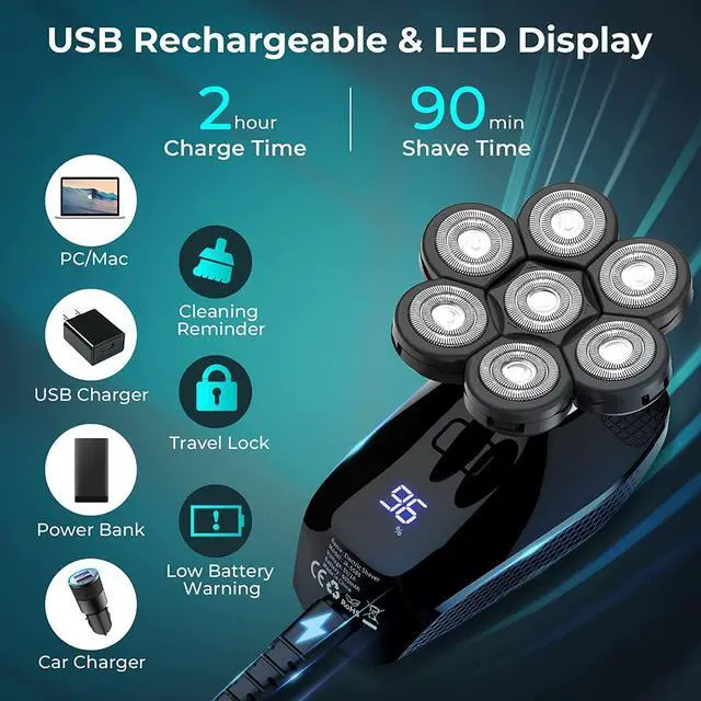 Alt view image 5 of 6 - kensen 7D Head Shaver, 5 in 1 Bald Head Shavers for Men, Head Electric Razor with Nose Hair Sideburns Trimmer, Waterproof Wet/Dry Mens Grooming Kit, LED Display, USB Rechargeable, Gifts Travel Case