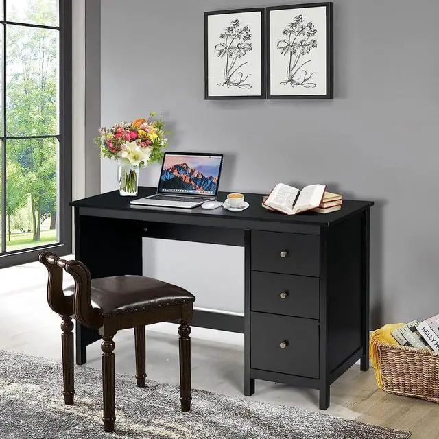 Alt view image 3 of 7 - Black Computer Desk with Drawers, 48 x 20 x 29.5 Home Office Computer Workstation, Modern Executive Desks, Teens Writing Study Table Laptop Desk for Bedroom, Study, Small Space (Black)