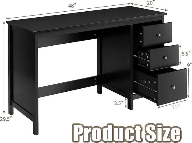 Alt view image 2 of 7 - Black Computer Desk with Drawers, 48 x 20 x 29.5 Home Office Computer Workstation, Modern Executive Desks, Teens Writing Study Table Laptop Desk for Bedroom, Study, Small Space (Black)