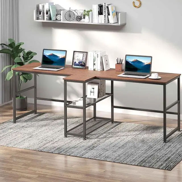 Alt view image 2 of 7 - HOMCOM 83" Two Person Computer Desk with 2 Storage Shelves, Double Desk Workstation with Book Shelf, Long Desk Table for Home Office, Dark Walnut