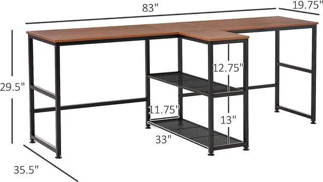 Alt view image 3 of 7 - HOMCOM 83" Two Person Computer Desk with 2 Storage Shelves, Double Desk Workstation with Book Shelf, Long Desk Table for Home Office, Dark Walnut