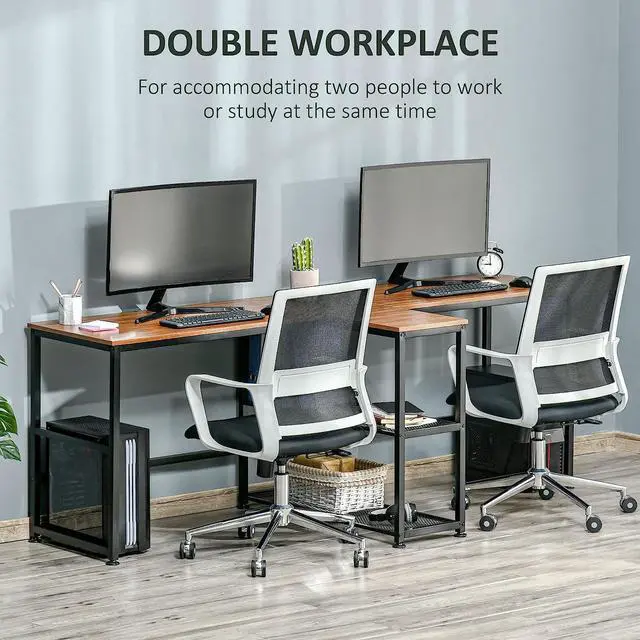 Alt view image 4 of 7 - HOMCOM 83" Two Person Computer Desk with 2 Storage Shelves, Double Desk Workstation with Book Shelf, Long Desk Table for Home Office, Dark Walnut