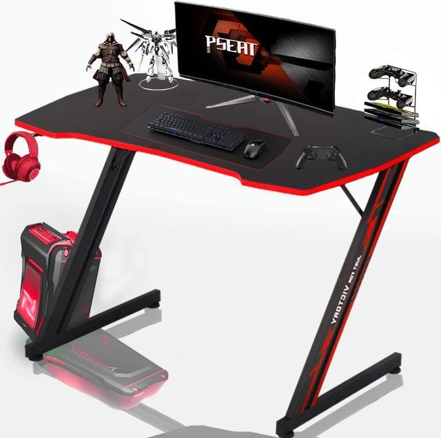 XXkseh 39 Inch Gaming Desk Z-Shaped Computer Gaming Workstation with  Headset Hook Home Office Desk, Ergonomic Small Gaming Table and Small Desk  with Footbed, MDF Desktop and Metal Frame, Red 