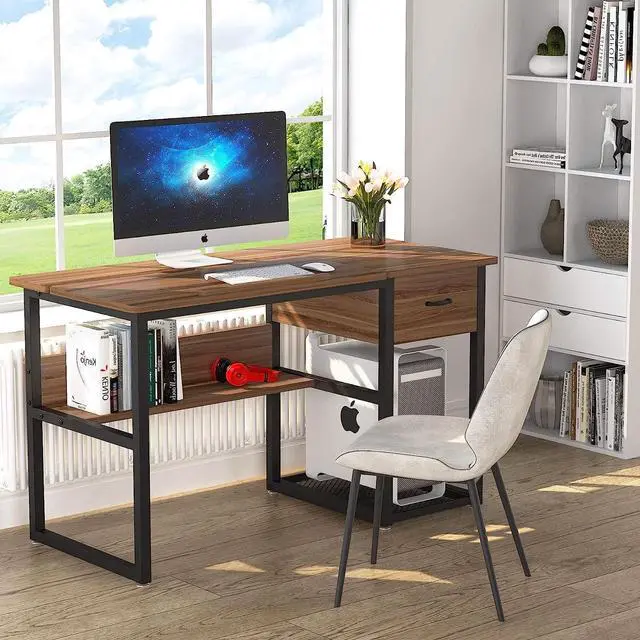 Alt view image 4 of 7 - Tribesigns Drafting Table with Storage Drawers, Drawing Computer Desk Artist Craft Table Painting Desk Workstation with Shelves and Tiltable Tabletop for Students, Home Office
