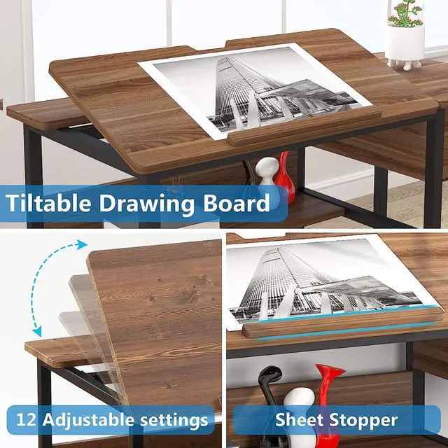 Alt view image 5 of 7 - Tribesigns Drafting Table with Storage Drawers, Drawing Computer Desk Artist Craft Table Painting Desk Workstation with Shelves and Tiltable Tabletop for Students, Home Office
