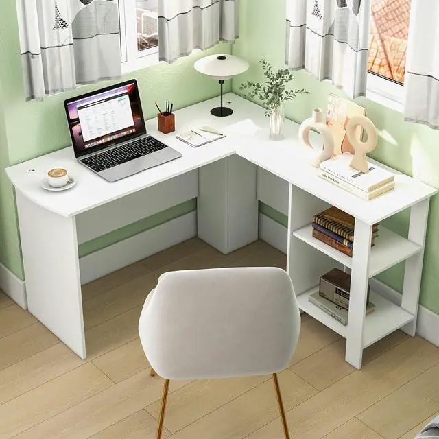 Alt view image 2 of 7 - Tangkula White L Shaped Desk with Storage Shelves, Wooden Corner Computer Desk, Space-Saving Home Office Workstation, Gaming Desk, Writing Study Desk, L Shaped Office Desk
