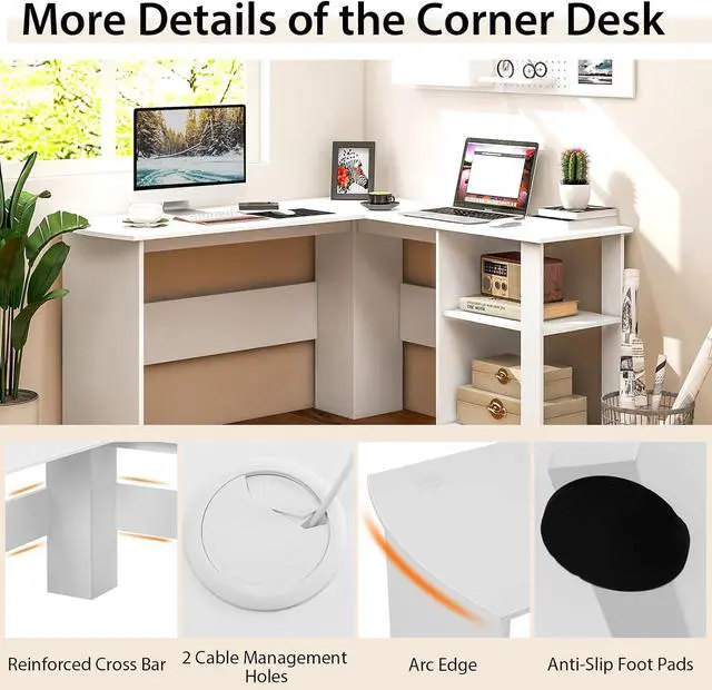 Alt view image 6 of 7 - Tangkula White L Shaped Desk with Storage Shelves, Wooden Corner Computer Desk, Space-Saving Home Office Workstation, Gaming Desk, Writing Study Desk, L Shaped Office Desk