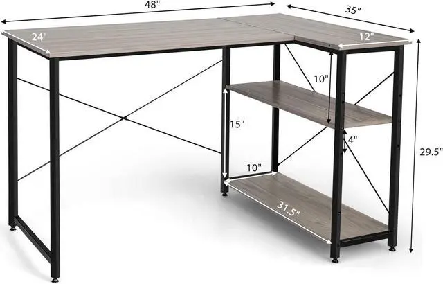 Alt view image 3 of 7 - Tangkula L-Shaped Computer Desk with Reversible Shelves, 48 Inch Corner Computer Desk, Modern Writing Study Desk Home Office Workstation, Space Saving Design (48 Inch, Gray)