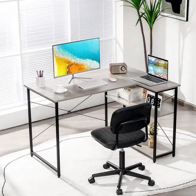 Alt view image 2 of 7 - Tangkula L-Shaped Computer Desk with Reversible Shelves, 48 Inch Corner Computer Desk, Modern Writing Study Desk Home Office Workstation, Space Saving Design (48 Inch, Gray)