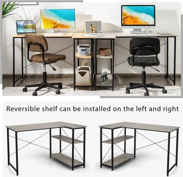 Alt view image 6 of 7 - Tangkula L-Shaped Computer Desk with Reversible Shelves, 48 Inch Corner Computer Desk, Modern Writing Study Desk Home Office Workstation, Space Saving Design (48 Inch, Gray)
