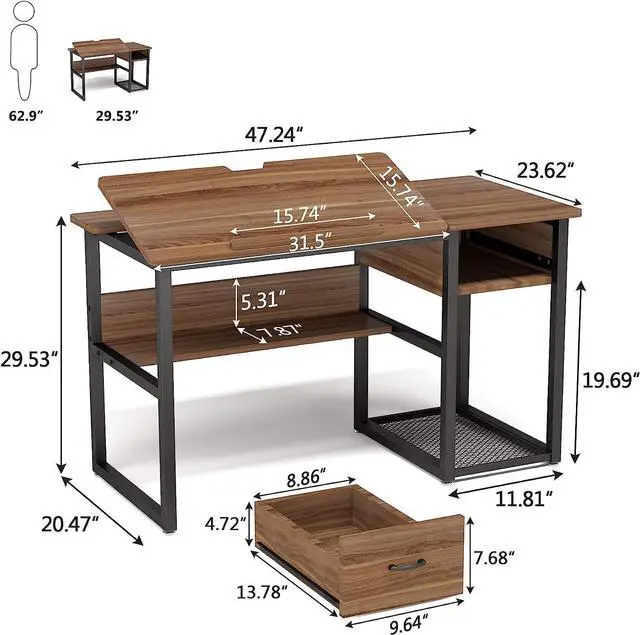 Alt view image 7 of 7 - Tribesigns Drafting Table with Storage Drawers, Drawing Computer Desk Artist Craft Table Painting Desk Workstation with Shelves and Tiltable Tabletop for Students, Home Office