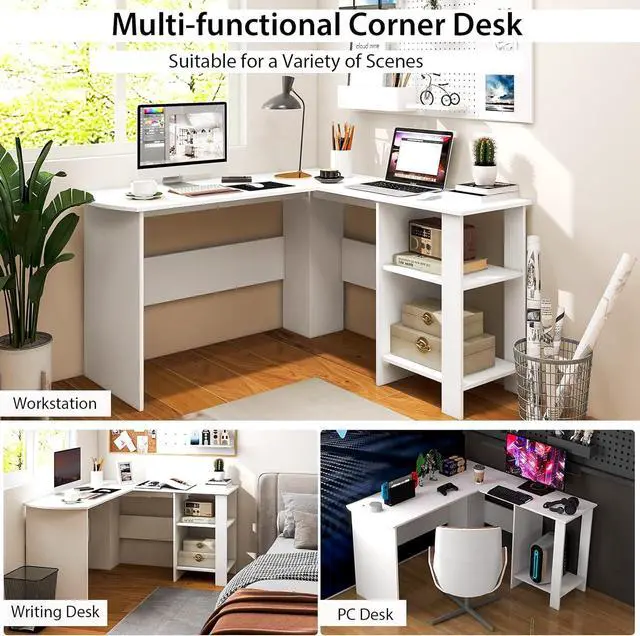 Alt view image 5 of 7 - Tangkula White L Shaped Desk with Storage Shelves, Wooden Corner Computer Desk, Space-Saving Home Office Workstation, Gaming Desk, Writing Study Desk, L Shaped Office Desk