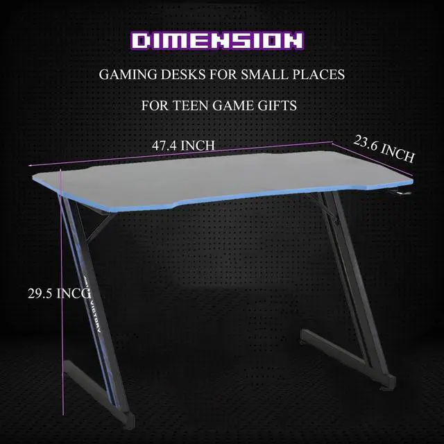 Alt view image 2 of 7 - Large PC Gaming Desk 47 in Computer Desk with Headphone Hook Z-Shaped Gaming Table Home Office Desks Workstations for Small Places, Carbon Fiber Surface, Simple Installation, Black