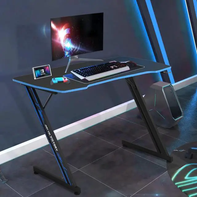 Alt view image 4 of 7 - Large PC Gaming Desk 47 in Computer Desk with Headphone Hook Z-Shaped Gaming Table Home Office Desks Workstations for Small Places, Carbon Fiber Surface, Simple Installation, Black