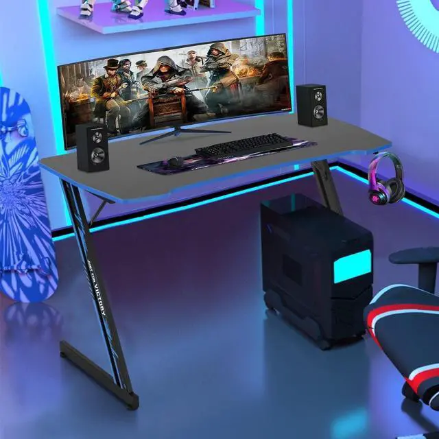 Alt view image 3 of 7 - Large PC Gaming Desk 47 in Computer Desk with Headphone Hook Z-Shaped Gaming Table Home Office Desks Workstations for Small Places, Carbon Fiber Surface, Simple Installation, Black