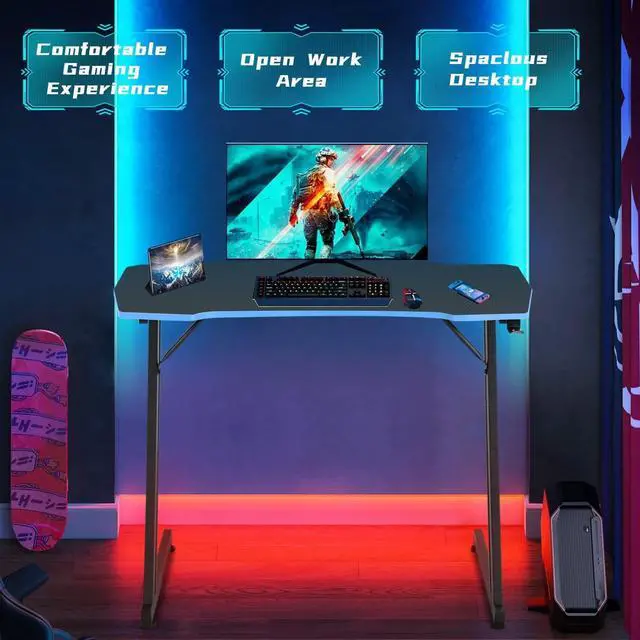 Alt view image 5 of 7 - Large PC Gaming Desk 47 in Computer Desk with Headphone Hook Z-Shaped Gaming Table Home Office Desks Workstations for Small Places, Carbon Fiber Surface, Simple Installation, Black