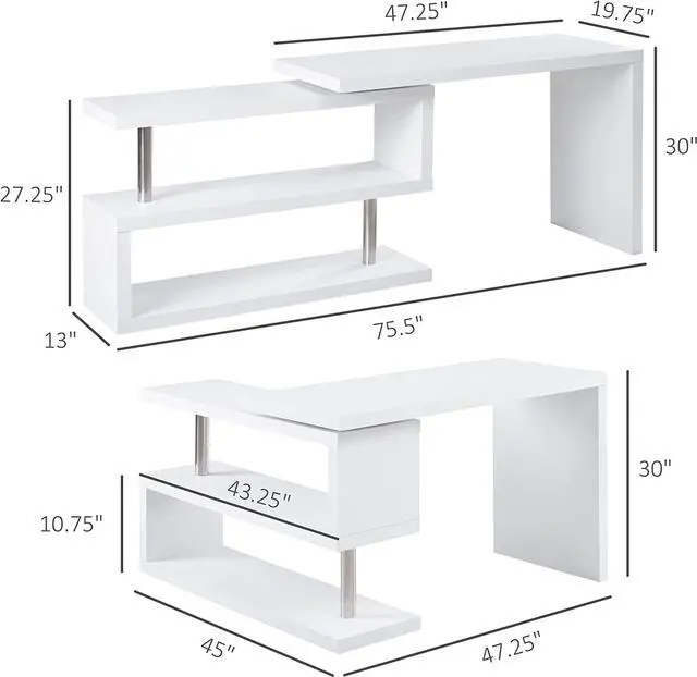 Alt view image 3 of 7 - HOMCOM 360 Degree Rotating Corner Computer Desk, L Shaped Desk, Home Office Workstation with 3-Tier Storage Shelves, White