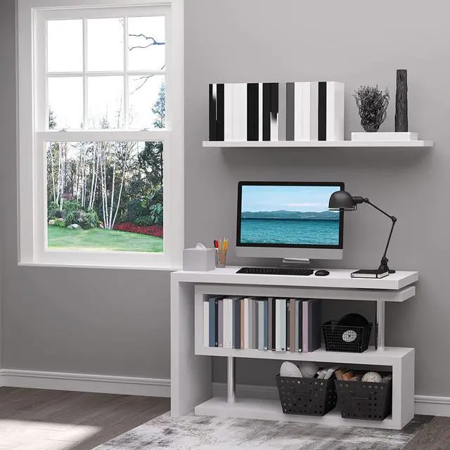 Alt view image 6 of 7 - HOMCOM 360 Degree Rotating Corner Computer Desk, L Shaped Desk, Home Office Workstation with 3-Tier Storage Shelves, White