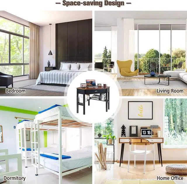 Alt view image 7 of 7 - DORTALA Corner Desk, Writing & Study Corner Computer Desk, Laptop PC Table, Wood Home Office Desk, Small Corner Desk w/Storage Drawer, Shelves, Office Study Workstation, White Corner Desk (Brown)