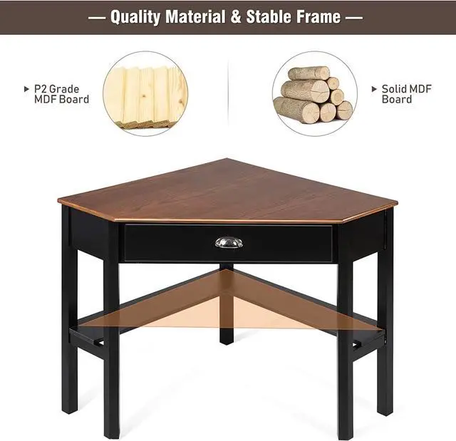 Alt view image 5 of 7 - DORTALA Corner Desk, Writing & Study Corner Computer Desk, Laptop PC Table, Wood Home Office Desk, Small Corner Desk w/Storage Drawer, Shelves, Office Study Workstation, White Corner Desk (Brown)