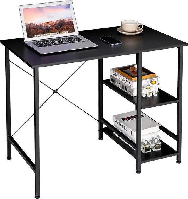Main image of ZENY Small Computer Desk with Storage Shelves, 36 Sturdy Home Office Writing Desk/Laptop PC Workstation Desk, Metal Frame Computer Table, Black