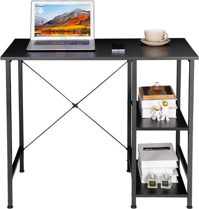 Alt view image 5 of 7 - ZENY Small Computer Desk with Storage Shelves, 36 Sturdy Home Office Writing Desk/Laptop PC Workstation Desk, Metal Frame Computer Table, Black