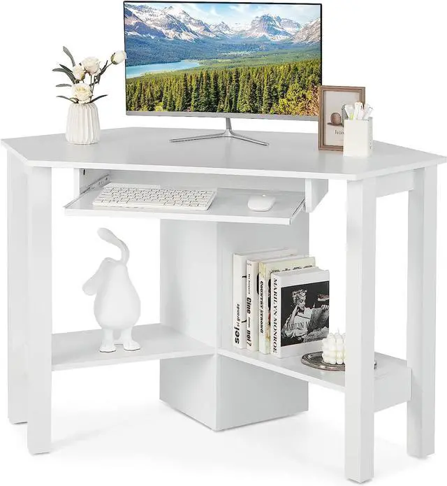 Main image of Tangkula Corner Desk, Corner Computer Desk, Wood Compact Home Office Desk, Laptop PC Table Writing Study Table, Workstation with Storage Drawer & Shelves