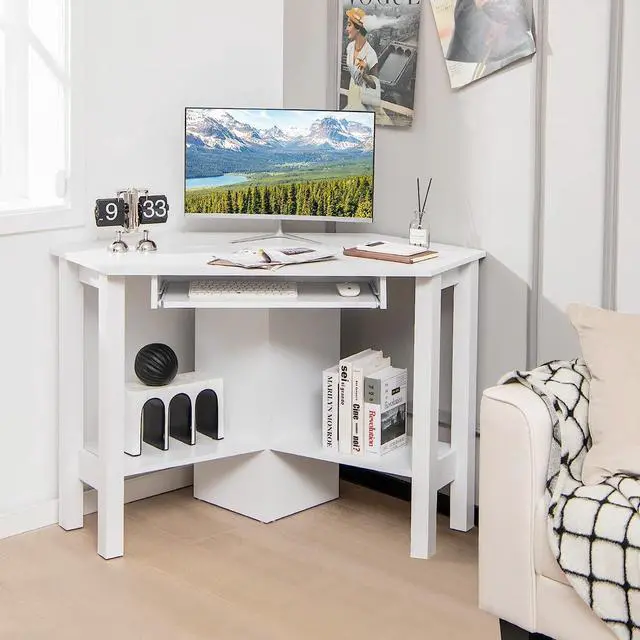 Alt view image 2 of 7 - Tangkula Corner Desk, Corner Computer Desk, Wood Compact Home Office Desk, Laptop PC Table Writing Study Table, Workstation with Storage Drawer & Shelves