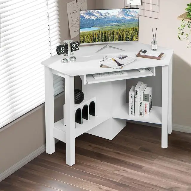 Alt view image 4 of 7 - Tangkula Corner Desk, Corner Computer Desk, Wood Compact Home Office Desk, Laptop PC Table Writing Study Table, Workstation with Storage Drawer & Shelves