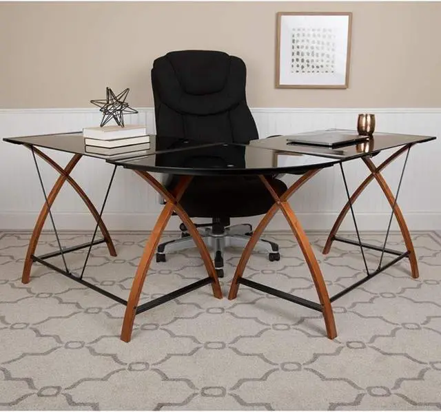 Alt view image 2 of 7 - Flash Furniture Jude Black Glass L-Shape Corner Computer Desk with Pull-Out Keyboard Tray