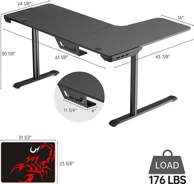 Alt view image 3 of 3 - EUREKA ERGONOMIC L Shaped Gaming Desk, 60 Inch L60 Home Office Corner PC Computer Gamer Table Large Writing Workstation Gifts w Mouse Pad Cable Management, Space Saving, Easy to Assemble, Left, Black