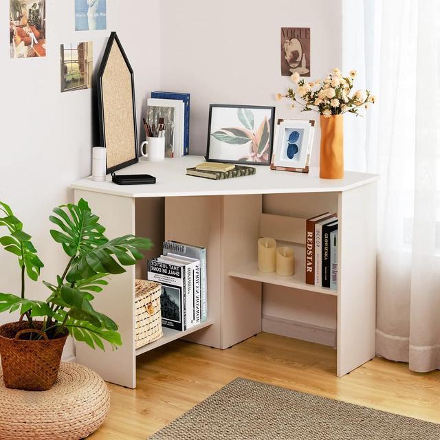 Tangkula White Corner Desk with Hutch, 90 Degrees Triangle Computer Desk  with Keyboard Tray & Bookshelves for Small Space, Space Saving Writing Desk