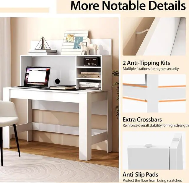 Alt view image 6 of 7 - Giantex White Computer Desk with Bookshelf, 48" Home Office Writing Desk with Anti-Tipping Kits & Cable Management Hole, Modern Study Table Workstation for Small Space Bedroom